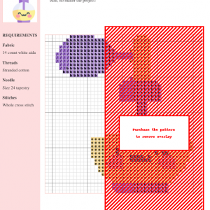 Cross stitch pattern depicting a cute perfume bottle in shades of purple, orange, and beige on a white aida cloth. The design includes clear stitch counts.