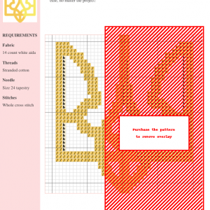 Cross-stitch pattern chart showcasing a 'Trident' design in gold and red on white aida cloth. Includes clear instructions and DMC/Anchor thread color references.