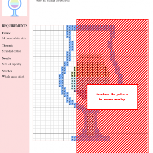 Cross stitch pattern of a cocktail glass, featuring a colorful layered drink design. DMC and Anchor thread colors are specified.