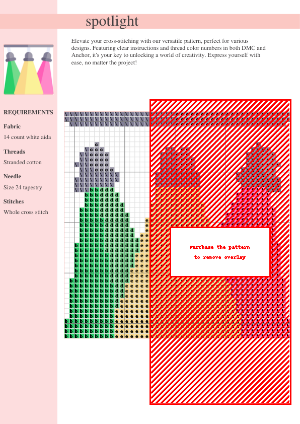 Cross stitch pattern showcasing a design of colorful stage spotlights. The pattern uses a variety of colors and includes a key for DMC and Anchor threads.