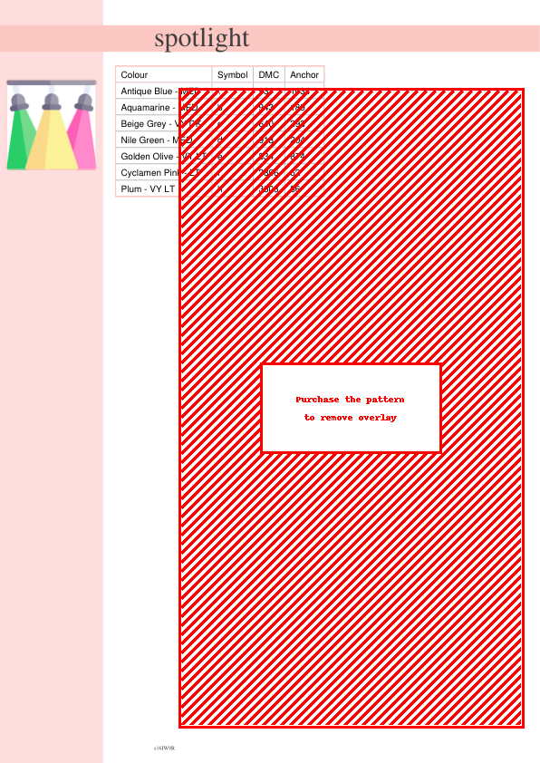 Image of a cross-stitch pattern featuring a diagonal red and white striped design. DMC and Anchor floss color codes are listed.