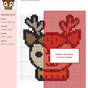 Cross stitch pattern of a charming deer, featuring brown, beige, and red accents. The design is presented on a grid with DMC and Anchor thread color codes.