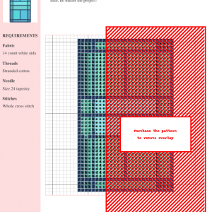 Cross-stitch pattern depicting a badminton court in shades of teal, gray, and red. The pattern includes a key and grid for easy stitching.
