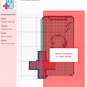 Cross-stitch pattern design featuring a modern motif in muted pinks, blues, and grays, suitable for beginners. The pattern requires 14-count white Aida fabric and stranded cotton thread.