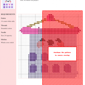 Cross stitch pattern design featuring a cute calendar with pink, purple, and orange accents. Clear instructions and DMC/Anchor thread color numbers are included.