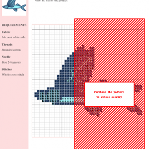 Cross-stitch pattern featuring a flying fish, showcasing a detailed design with shades of blue and teal on white aida cloth. The image includes a key and color chart.