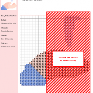 Cross-stitch pattern of a nail design featuring blue, beige and red threads on white aida fabric.