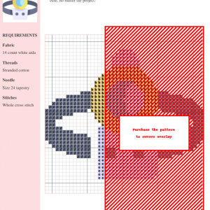 Cross stitch pattern design of a headlamp featuring a gray and warm-toned color scheme on 14-count white aida fabric.
