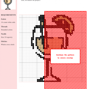 Cross-stitch pattern of a cocktail glass, featuring red and beige threads on white aida cloth. The design is partially obscured by a red overlay.