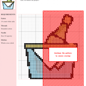 Cross-stitch pattern of a cute ice bucket with drinks, featuring red, orange, light blue, and white threads on white aida cloth.