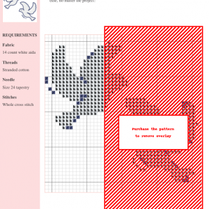 Cross stitch pattern featuring a peaceful dove design, displayed on a grid with DMC and Anchor thread color numbers for easy crafting.