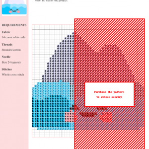 Cross-stitch pattern chart depicting a cute iceberg design with blue and pink accents, suitable for beginners and experienced stitchers.
