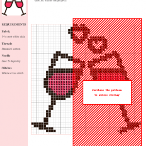 Cross-stitch pattern of a glass of wine with toast, featuring red and black threads on white aida cloth. Clear instructions included.