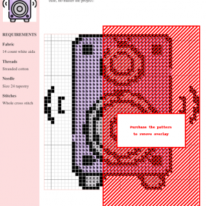 Cross stitch pattern chart depicting a speaker design, featuring red and purple thread colors on 14-count white aida fabric.