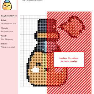 Cross stitch pattern design featuring a cute perfume bottle, predominantly in warm tones with some darker accents. The design includes a detailed chart.