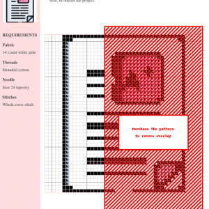 Cross-stitch pattern design featuring a geometric motif in red and pink on white aida cloth. Clear instructions and thread color numbers are included.