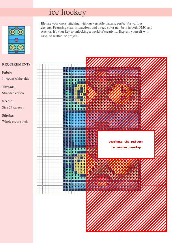 Cross stitch pattern design depicting an ice hockey scene. The pattern uses a variety of colors and stitches to create a detailed image.