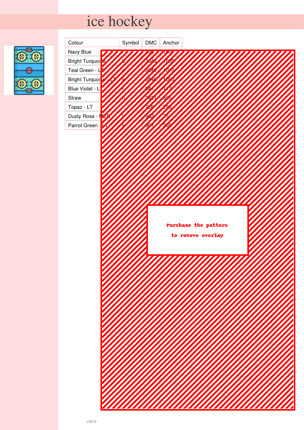 Image of a cross-stitch pattern featuring a diagonal red and white design. DMC and Anchor thread codes are listed.