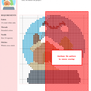 Cross stitch pattern chart depicting a charming winter snow globe scene, featuring a house, trees, and snowflakes. Uses DMC and Anchor thread colors.