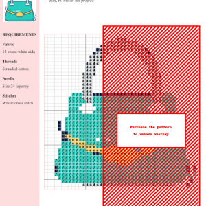 Cross stitch pattern design of a teal handbag with red accents. The pattern includes clear instructions and DMC/Anchor thread color numbers.
