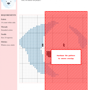 Cross-stitch pattern showcasing an adorable Bichon Frise dog. The design features light blue and white threads on a white aida cloth.