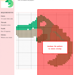 Cross stitch pattern featuring an alligator design, predominantly in shades of green and brown, on a white aida fabric. The pattern includes clear instructions and DMC/Anchor thread color numbers.