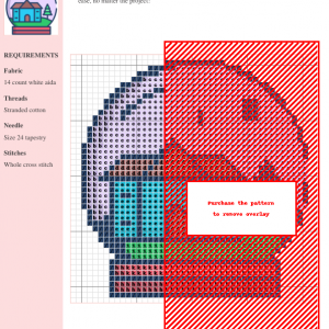 Cross-stitch pattern showcasing a charming snowball design with a house inside, featuring a color-coded chart for easy crafting.