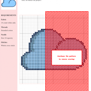 Cross-stitch pattern depicting a fluffy cloud in shades of blue, ready to be stitched. Includes materials list and instructions.
