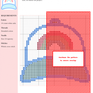 Cross stitch pattern of a stylish cap, featuring blue, pink, and red threads. DMC and Anchor thread color numbers are included.