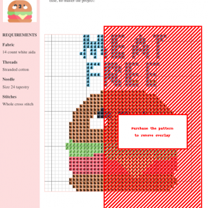 Cross-stitch pattern of a juicy burger, featuring detailed instructions and color key using DMC and Anchor threads.