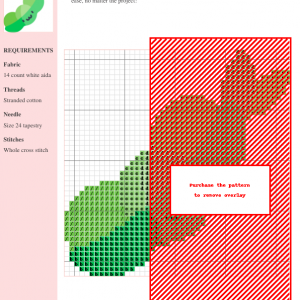A cross-stitch pattern featuring a charming design of peas in shades of green and tan. The pattern includes a color key and grid.