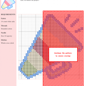 Cross stitch pattern of a megaphone in pastel colors, using DMC and Anchor threads. A key is provided showing thread colors and stitch counts.