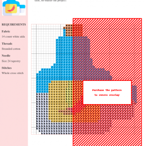 Cross-stitch pattern featuring a geometric design in shades of blue, orange, red, and beige. The pattern includes clear instructions and DMC/Anchor thread color numbers.