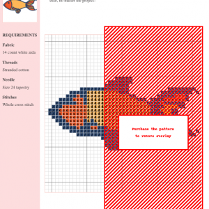 Cross-stitch pattern showcasing a charming fish design in orange, dark blue, and light orange hues on a white 14-count aida fabric. The pattern is presented as a digital download.