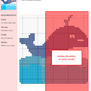 Cross-stitch pattern of a whale, featuring shades of blue and a white background. The design uses whole cross stitches and is presented with a color key.