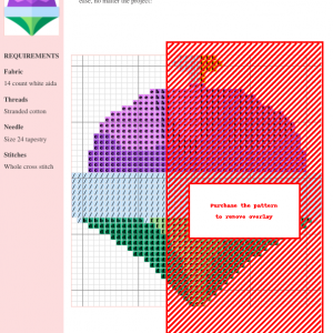 Cross stitch pattern design of a spinner featuring purple, pink, green, and orange colors on a white aida cloth. Clear instructions and DMC/Anchor thread color numbers are included.