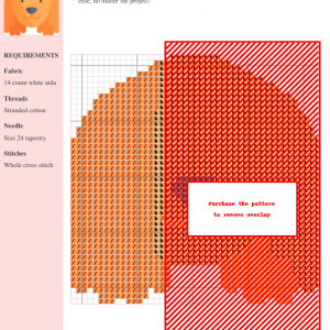 Cross stitch pattern of a Cocker Spaniel, showcasing a detailed design with orange and red threads on 14-count white Aida fabric.