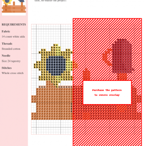 Cross stitch pattern featuring a charming fence design with sunflowers and a watering can, showcasing a color chart and instructions.