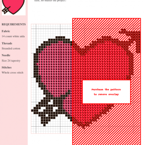 Cross stitch pattern of a cute Cupid, perfect for Valentine's Day projects. Features pink and red color scheme.