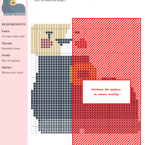 Cross stitch pattern of charming winter boots, featuring gray boots, red background, and beige accents. The design uses whole cross stitch.