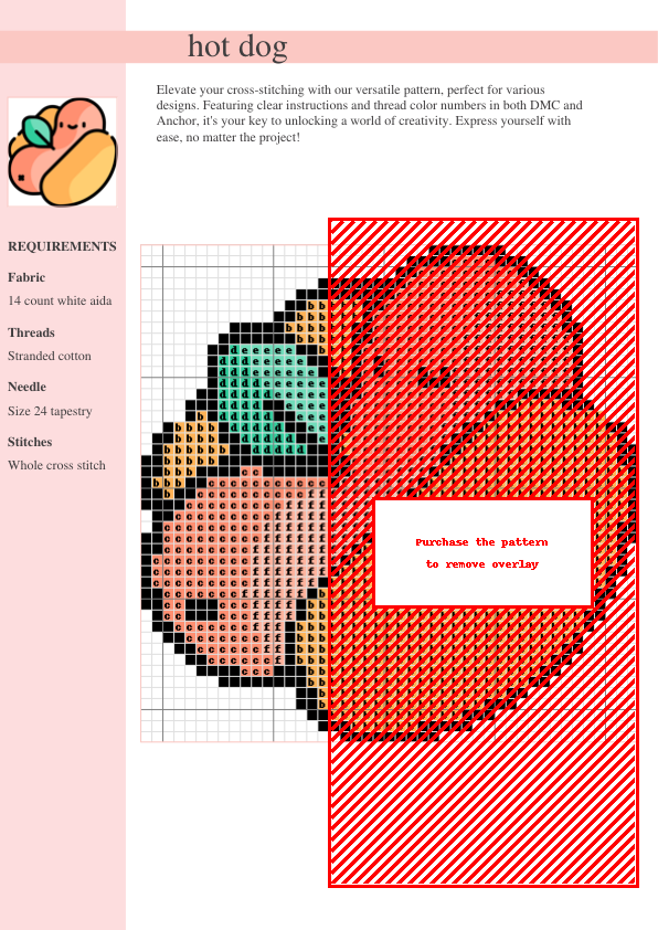 A charming cross-stitch pattern of a hot dog in a bun, featuring a playful design and vibrant colors. The image shows a color-coded chart for easy stitching.