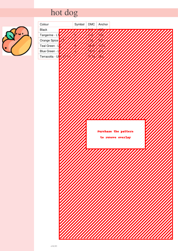 A cross-stitch pattern featuring a cute hot dog illustration. The pattern uses red and other colors on white Aida cloth.