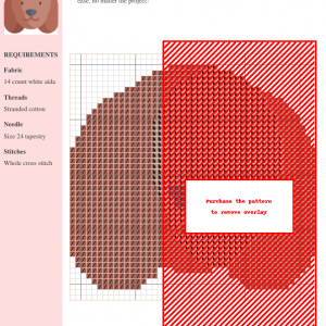 Cross stitch pattern featuring an adorable dachshund, rendered in brown and red threads on 14-count white Aida fabric. A partially obscured design shows a charming canine.