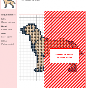 Cross stitch pattern of an adorable Labrador Retriever. The design uses beige, dark brown, and black threads on white aida fabric.