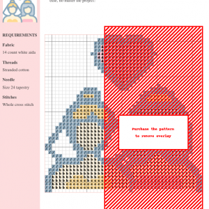 Cross stitch pattern depicting a romantic couple, featuring pastel blues, oranges, and beige on white aida cloth. The design includes clear stitch markings.