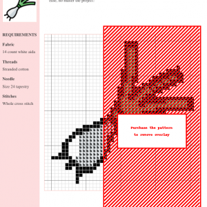 A cross-stitch pattern depicting a leek, featuring predominantly red and black threads on white aida fabric. The pattern includes clear gridlines.