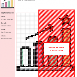 Cross stitch pattern depicting a bar graph rising upward, accented with a star, rendered in warm colors on white aida cloth.