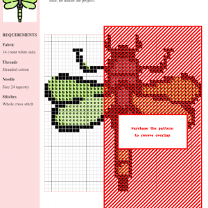 Cross stitch pattern featuring a dragonfly design, with color chart using DMC and Anchor thread numbers. The pattern includes instructions and materials list.