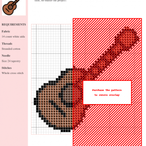 Cross-stitch pattern showcasing a charming acoustic guitar design. The pattern uses brown and red threads on white aida fabric.