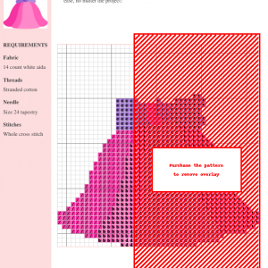 Cross stitch pattern of an elegant pink dress, featuring DMC and Anchor thread color charts. The design uses shades of pink and includes detailed instructions.